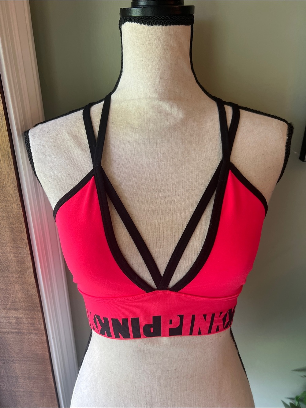 PINK Victoria's Secret Red & Black Strappy Sports Bralette
